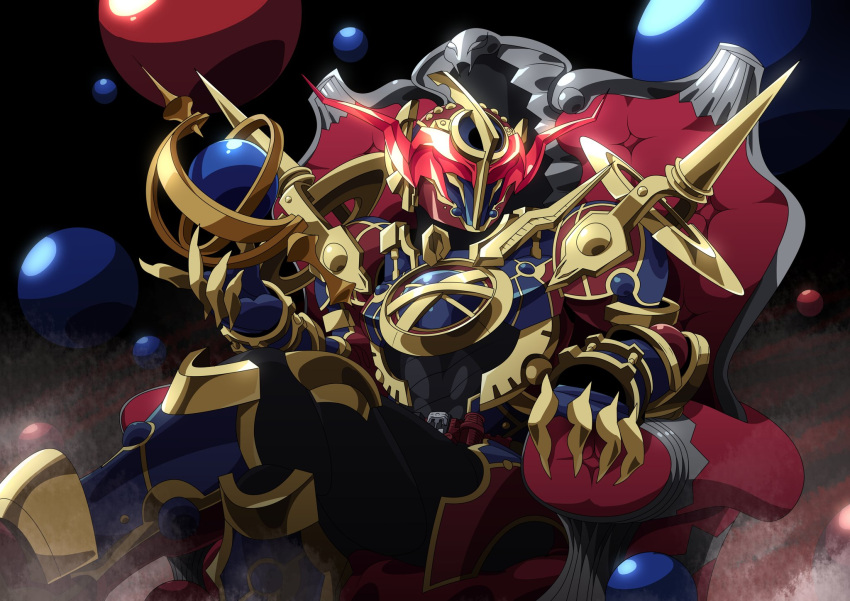 1boy, alien, armor, armored_boots, ball, belt, blue_armor, blue_footwear