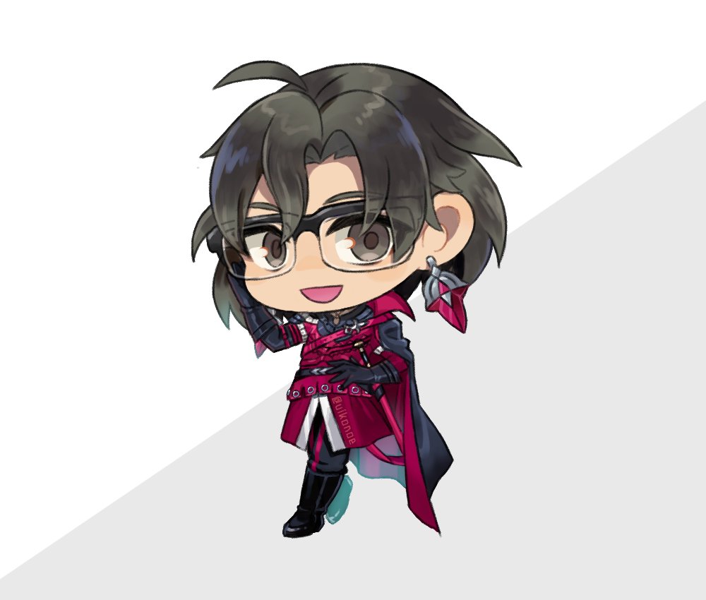 1boy, :d, ahoge, black_cape, black_eyes, black_footwear, black_gloves, black_hair, black_pants, boots, cape, chibi, constantine_xi_(fate), curtained_hair, earrings, eyes_visible_through_hair, fate/grand_order, fate_(series), full_body, glasses, gloves, grey_background, hand_on_eyewear, hand_on_hip, jewelry, looking_at_viewer, male_focus, pants, red_armor, red_tunic, sheath, sheathed, short_hair, shoulder_belt, shoulder_cape, simple_background, smile, solo, sword, two-tone_background, uirou_(yomogi_aji), weapon, white_background