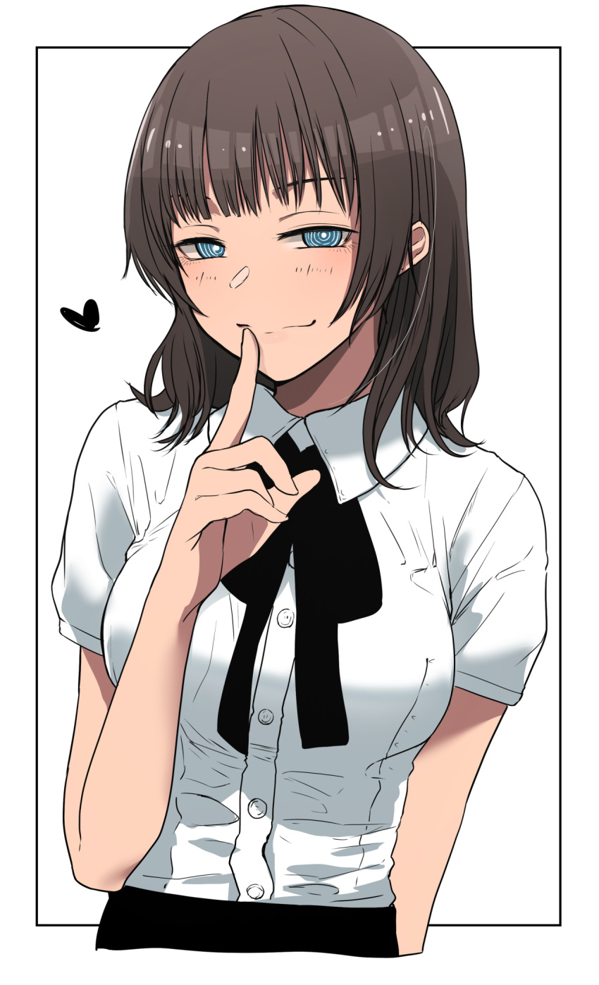 1girl, arm_at_side, bangs, black_ribbon, breasts, bright_pupils, brown_hair, buttons, closed_mouth, collared_shirt, green_eyes, heart, heart-shaped_eyewear, highres, index_finger_raised, looking_at_viewer, medium_breasts, medium_hair, neck_ribbon, original, ribbon, ringed_eyes, shirt, short_sleeves, smile, split_mouth, tonari_no_kishida, upper_body, white_pupils, white_shirt