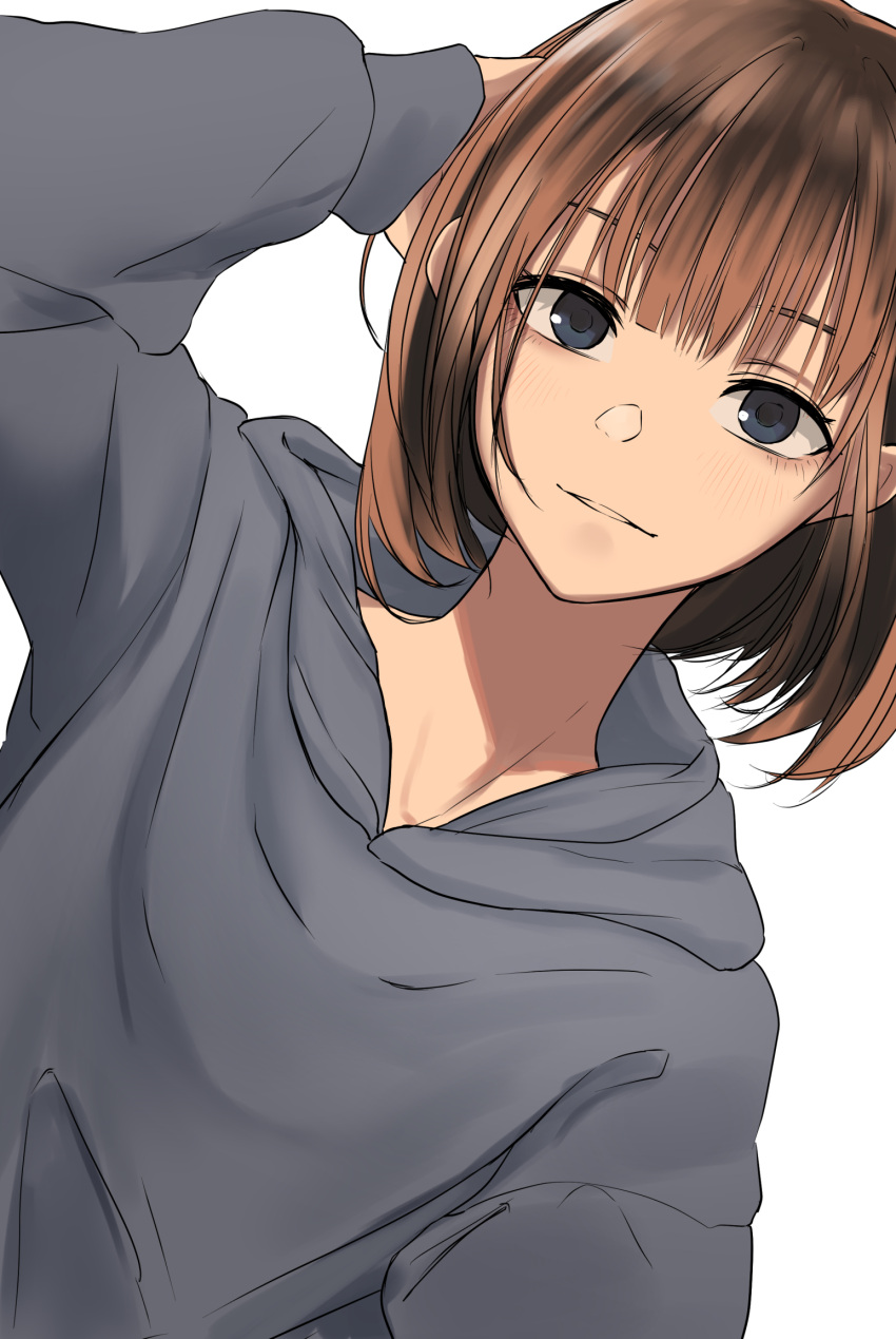 1girl, bangs, brown_hair, dutch_angle, grey_eyes, grey_hoodie, hand_in_own_hair, hand_up