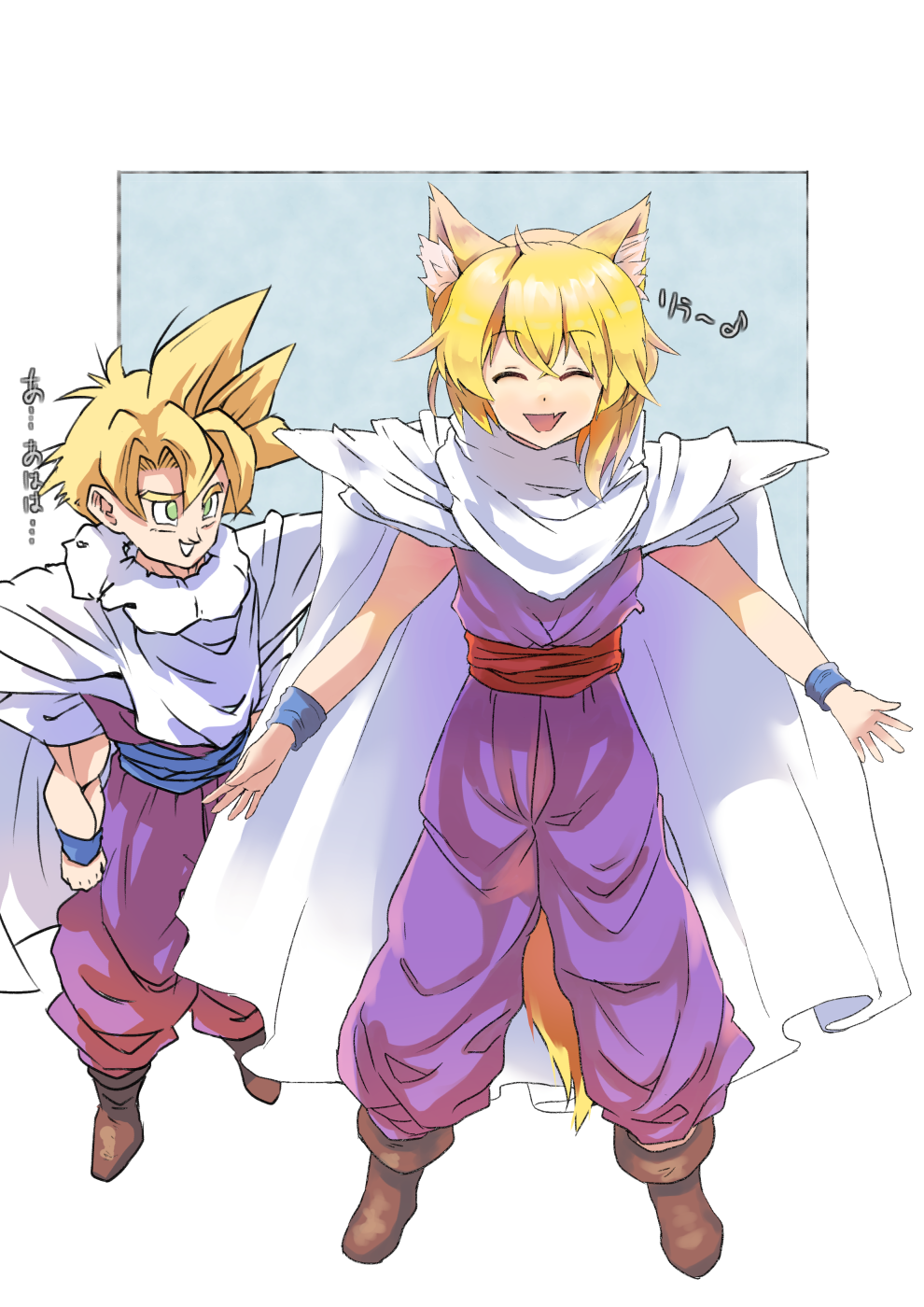 1boy, 1girl, animal_ear_fluff, animal_ears, asymmetrical_hair, bangs, blonde_hair, boots