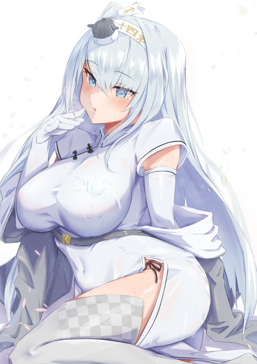 1girl, absurdres, alternate_costume, black_panties, breasts, china_dress, chinese_clothes, dou_tanuki, dress, elbow_gloves, fuyutsuki_(kancolle), gloves, grey_eyes, grey_hair, grey_legwear, hachimaki, hair_between_eyes, hand_to_own_mouth, headband, highres, kantai_collection, large_breasts, long_hair, one_side_up, panties, shawl, short_sleeves, side_slit, silver_legwear, sitting, solo, string_panties, thigh-highs, underwear, white_background, white_dress, white_gloves, white_headband, yokozuwari