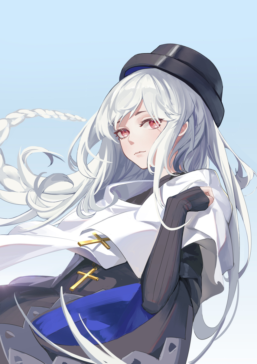 1girl, absurdres, arknights, black_dress, black_headwear, braid, capelet, cross