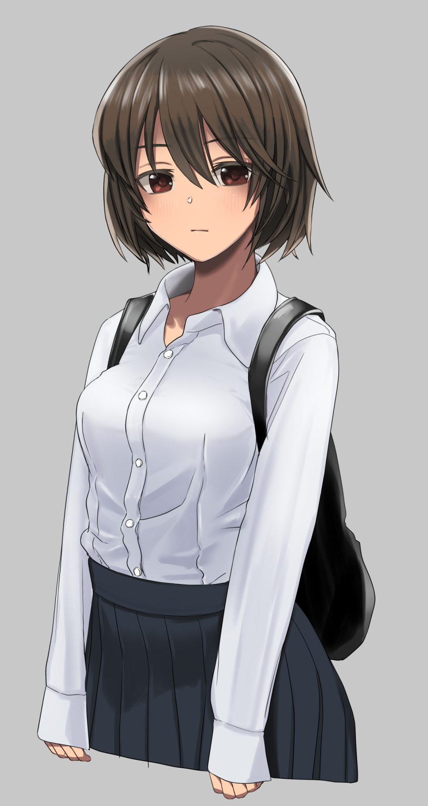 1girl, arms_at_sides, backpack, bag, bangs, breasts, brown_eyes, brown_hair