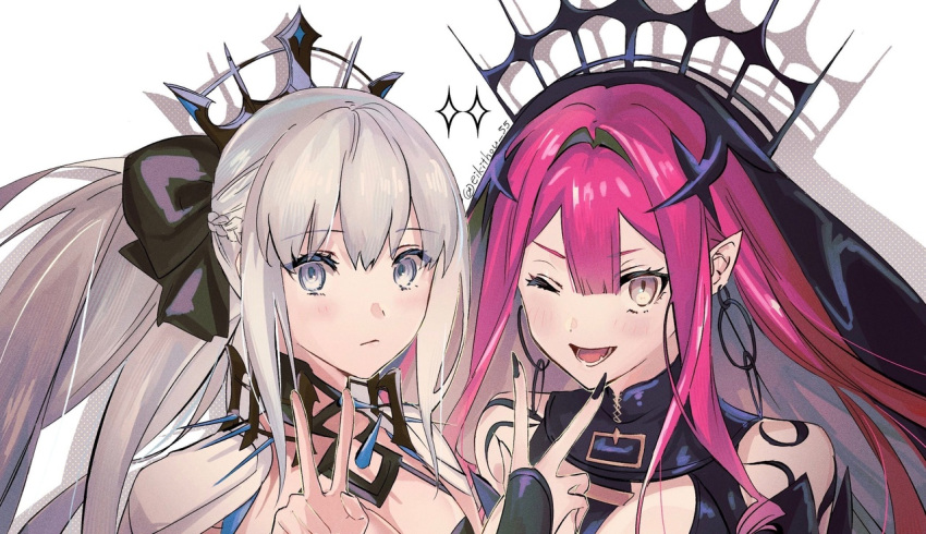 2girls, bangs, black_bow, blue_eyes, blush, bow, breasts, choker, closed_mouth, crown, dress, earrings, eiki_(eikityou_55), eyes_visible_through_hair, fairy_knight_tristan_(fate), fate/grand_order, fate_(series), fingers, gem, grey_eyes, grey_hair, hair_bow, hair_ornament, jewelry, long_hair, long_sleeves, looking_at_viewer, morgan_le_fay_(fate), multiple_girls, off-shoulder_dress, off_shoulder, open_mouth, pink_hair, rhombus, shadow, smile, spikes, teeth, uvula, vampire, white_background