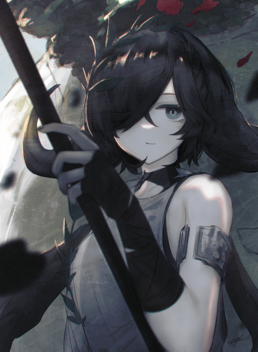 1girl, arknights, arm_garter, black_gloves, brown_hair, closed_mouth, commentary, cow_horns, curled_horns, expressionless, fingerless_gloves, fingernails, flower, flower_on_head, gloves, grey_eyes, hair_over_one_eye, highres, holding, holding_polearm, holding_weapon, horns, looking_at_viewer, medium_hair, official_alternate_costume, one_eye_covered, pallas_(arknights), pallas_(heritage)_(arknights), polearm, red_flower, signature, solo, sutorobo72, toga, upper_body, weapon
