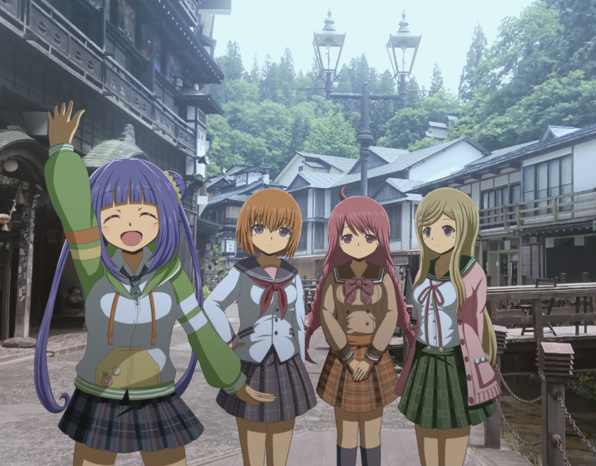 4girls, :d, ahoge, aonami_school_uniform, arm_at_side, arm_up, arms_behind_back, bangs
