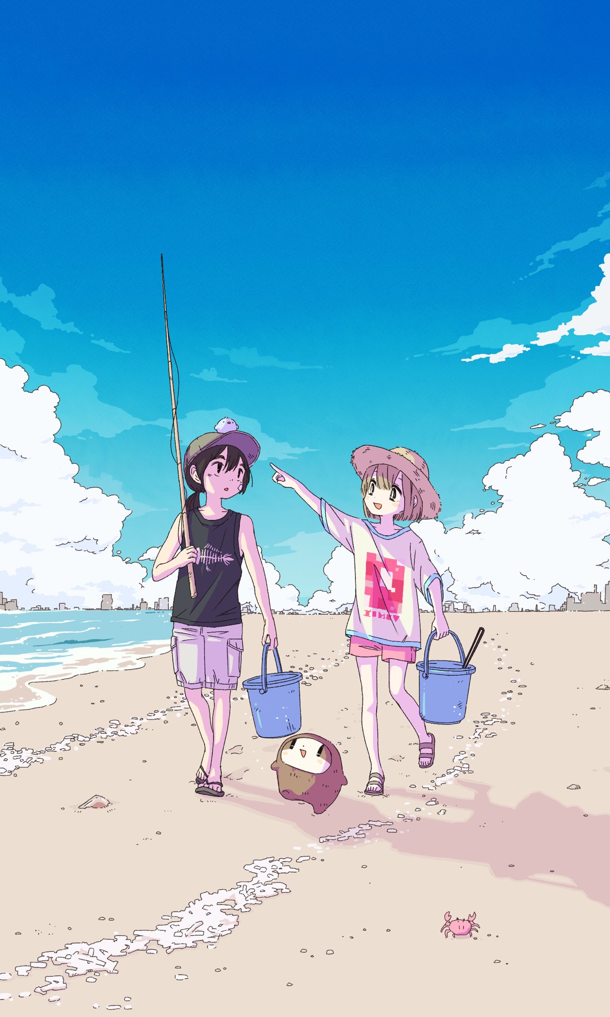 1girl, 2boys, animal_print, beach, blue_sky, bucket, clouds, crab