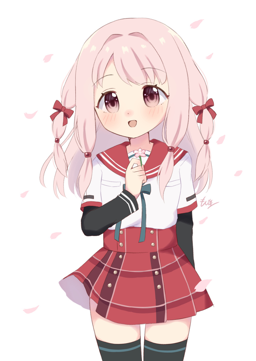 1girl, :d, absurdres, aqua_ribbon, arm_at_side, bangs, black_legwear, black_sleeves