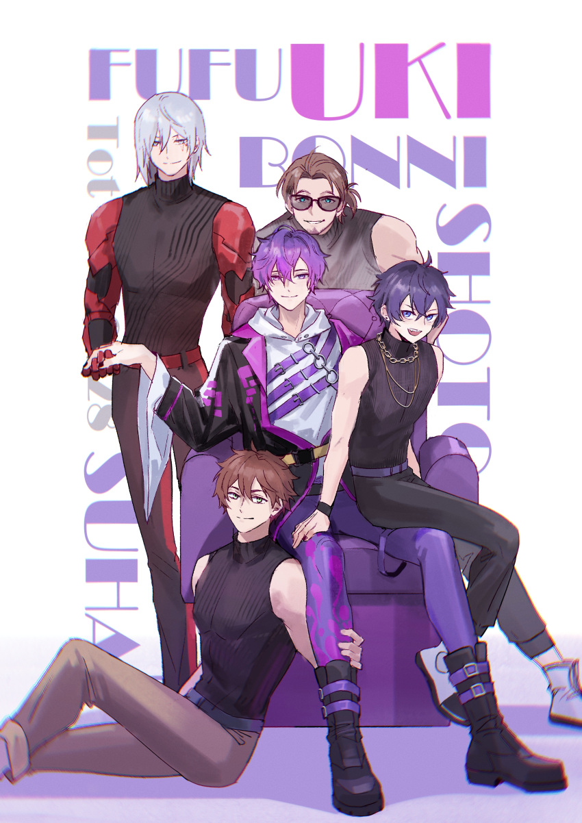 5boys, absurdres, armchair, bangs, belt, black_belt, black_coat, black_footwear