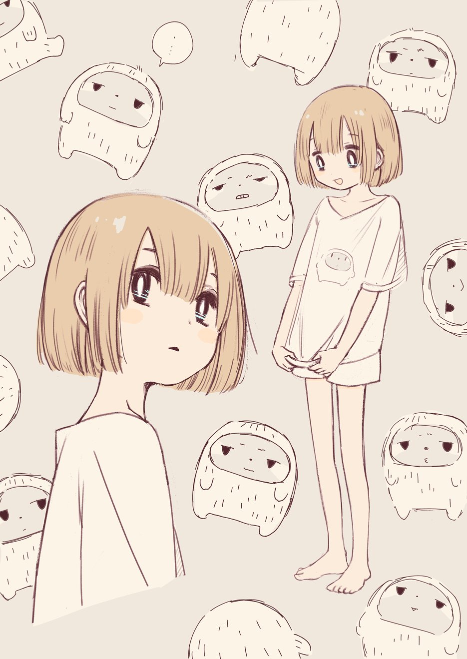 1boy, 1girl, bangs, barefoot, clone, grey_background, hair_between_eyes, highres