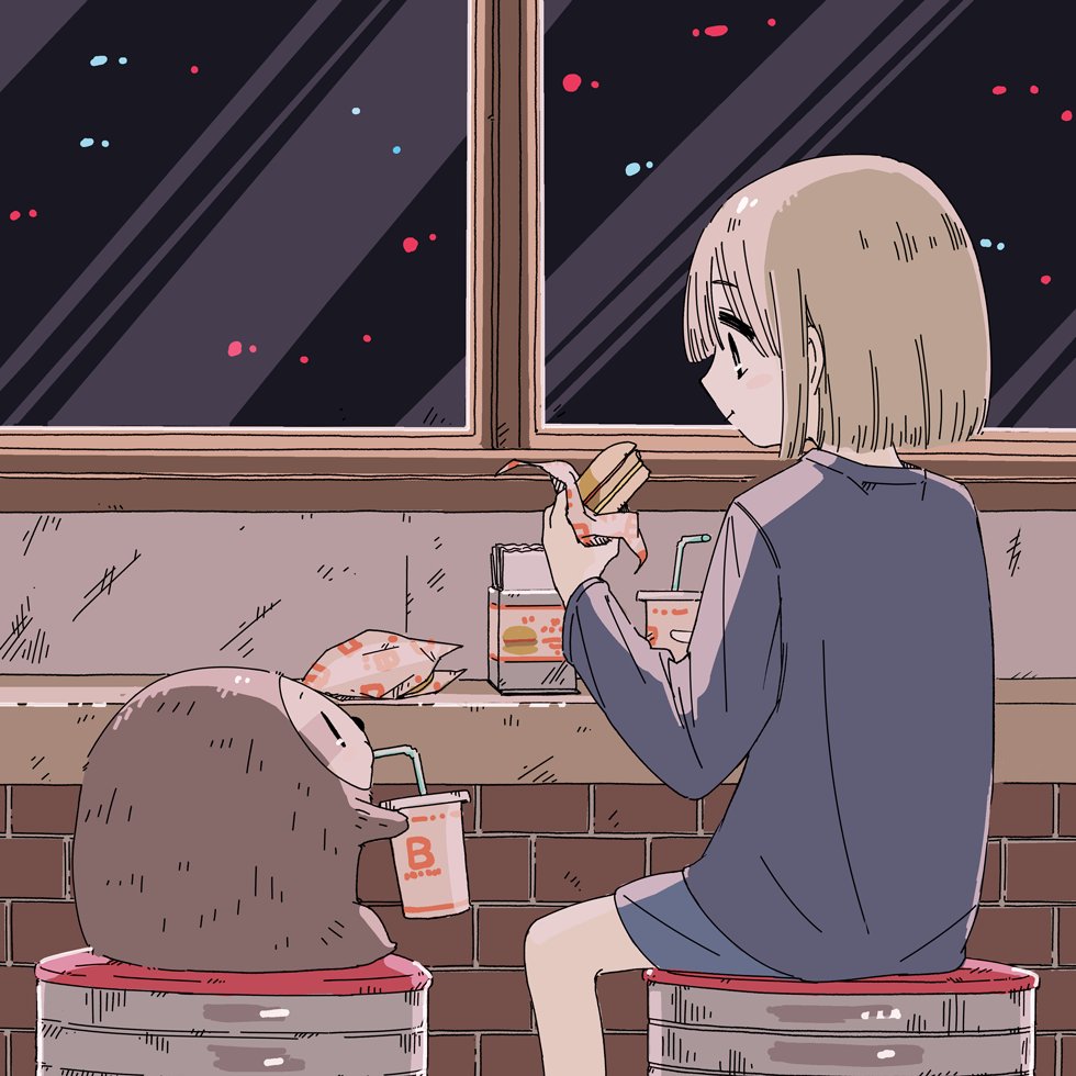 1boy, 1girl, animal, bangs, burger, cup, disposable_cup, drink, drinking_straw, eating, fast_food, food, hair_between_eyes, holding, holding_food, neri_(tasogare-boshi_no_sui_to_neri), restaurant, short_hair, sitting, sloth_(animal), sui_(tasogare-boshi_no_sui_to_neri), tasogare-boshi_no_sui_to_neri, tokunagapan