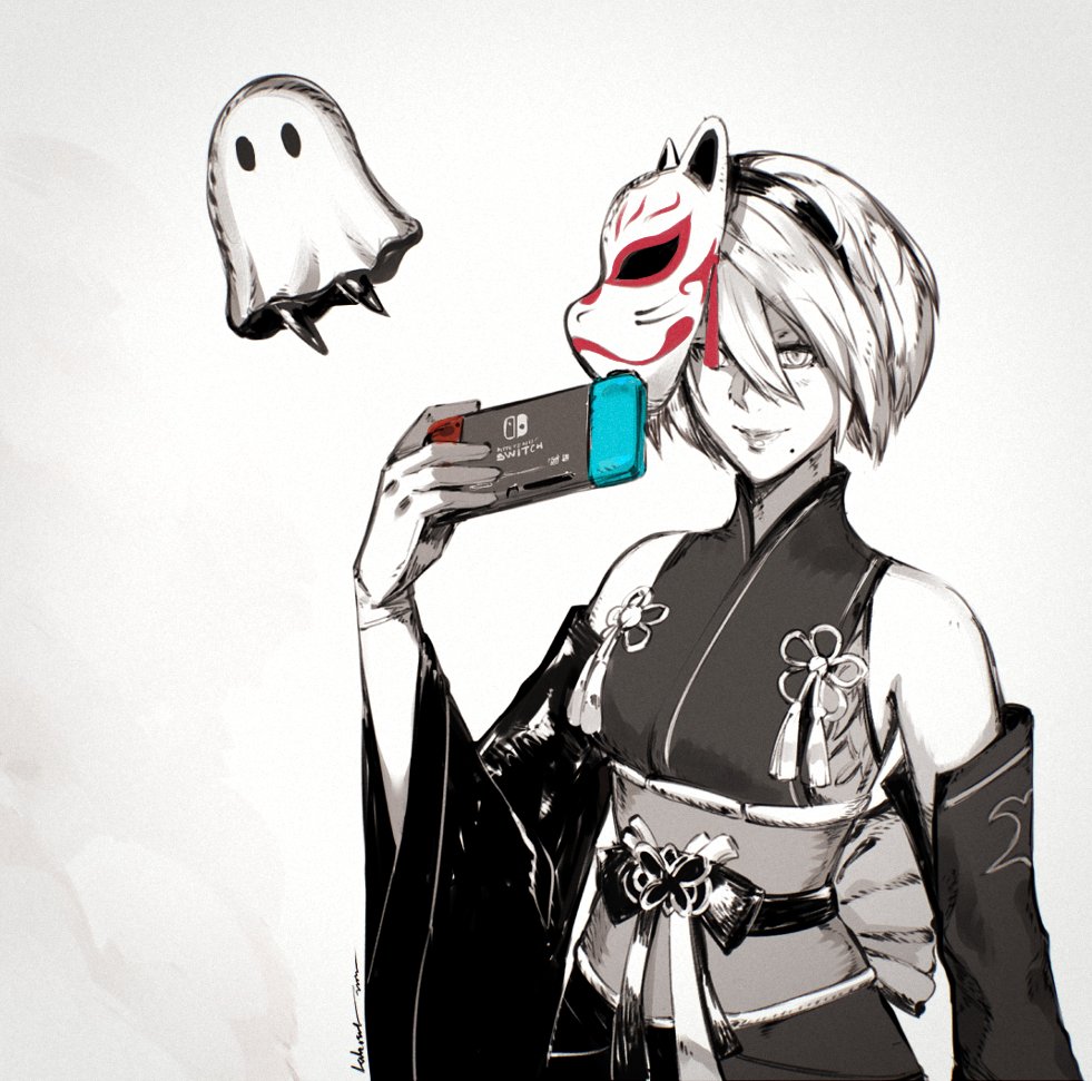 1girl, black_hairband, blush, breasts, closed_mouth, dress, elbow_gloves, fox_mask