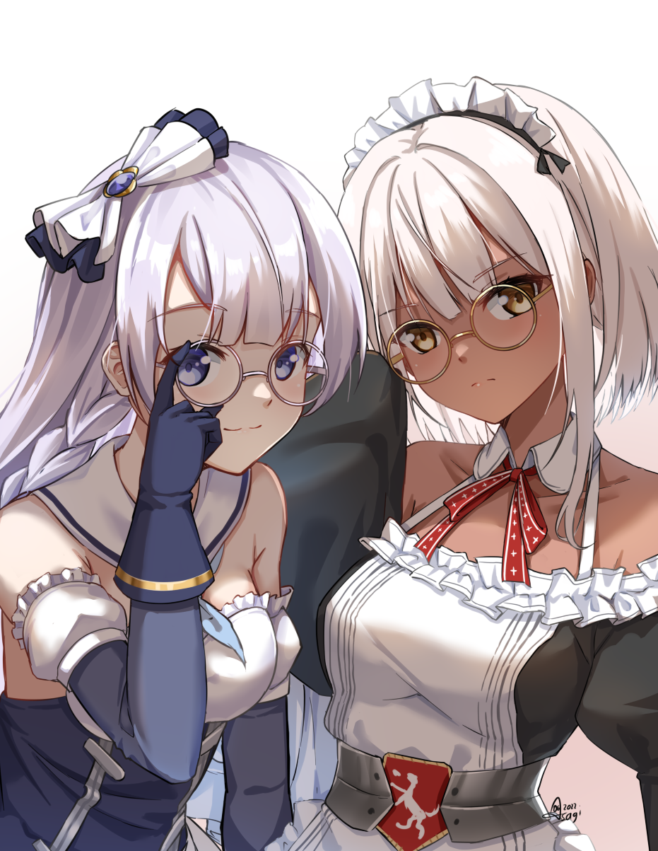 2girls, adjusting_eyewear, arm_support, as4gi, azur_lane, bangs, bare_shoulders, black_gloves