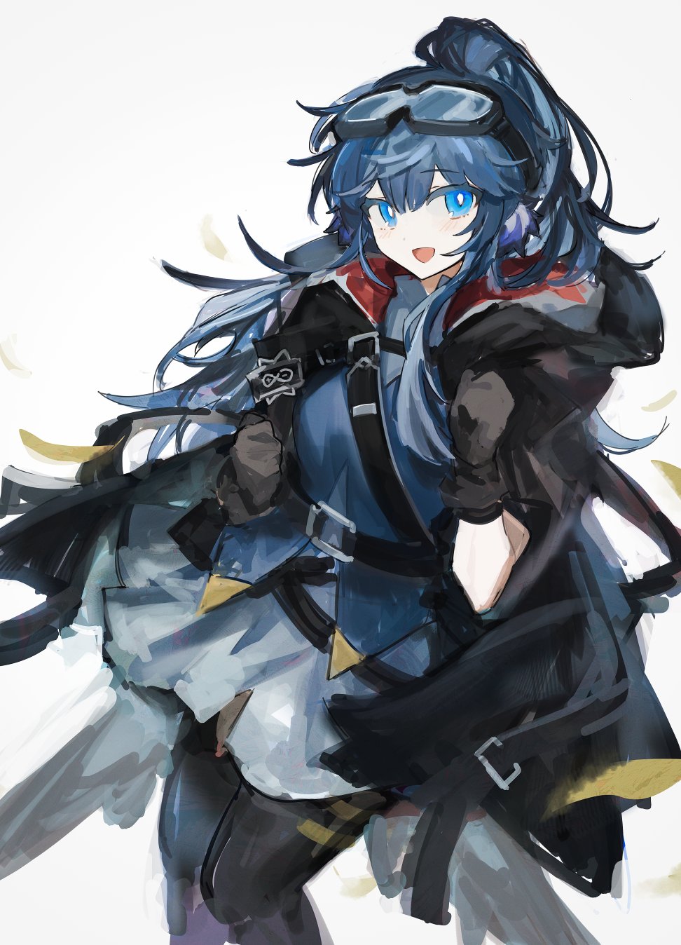 1girl, :d, arknights, astgenne_(arknights), black_gloves, black_jacket, black_legwear, blue_eyes