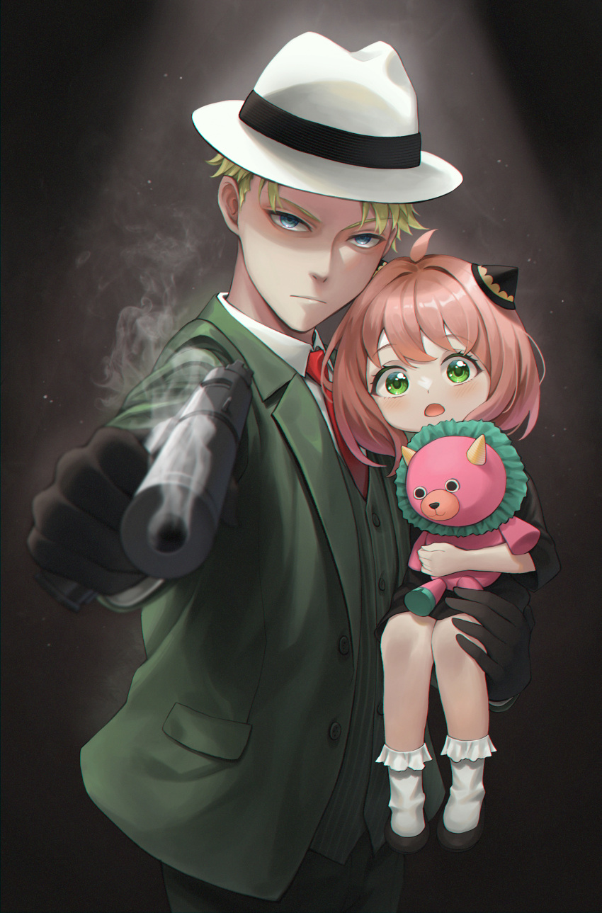1boy, 1girl, absurdres, ahoge, anya_(spy_x_family), bangs, black_hair, blonde_hair, carrying, carrying_person, child, dress, elocca, female_child, green_eyes, gun, hairband, highres, pink_hair, smoke, smoking_gun, spy_x_family, stuffed_animal, stuffed_toy, twilight_(spy_x_family), weapon
