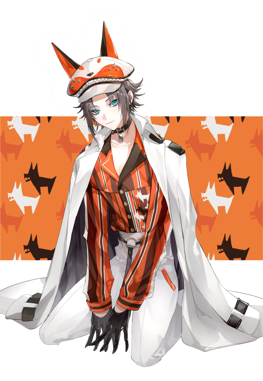 1boy, absurdres, animal_collar, animal_hat, animal_print, aqua_eyes, baseball_cap, black_collar