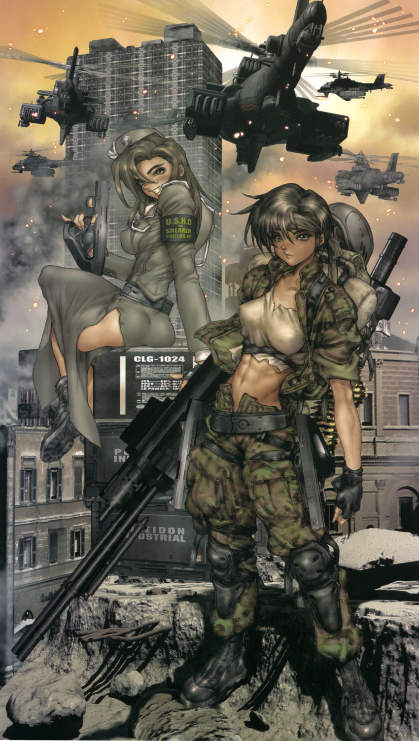 2girls, 80s, abs, absurdres, ammo_box, ammunition_belt, black_hair, blue_eyes, breasts, building, camouflage, camouflage_pants, cargo_pants, combat_boots, copyright_request, crop_top, crossed_legs, dark_skin, dust_cloud, fingerless_gloves, full_body, garrison_cap, gloves, green_hair, grin, gun, gunship, handgun, hat, headband, headwear_removed, heavy_machine_gun, helicopter, helmet, helmet_removed, highres, knee_pads, long_hair, long_skirt, machine_gun, machine_pistol, midriff, military, military_uniform, multiple_girls, navel, oldschool, open_clothes, open_fly, open_jacket, rifle, shirou_masamune, shirow_masamune, side_slit, sitting, skirt, skyscraper, smile, sniper_rifle, tank_top, trigger_discipline, uniform, unzipped, weapon