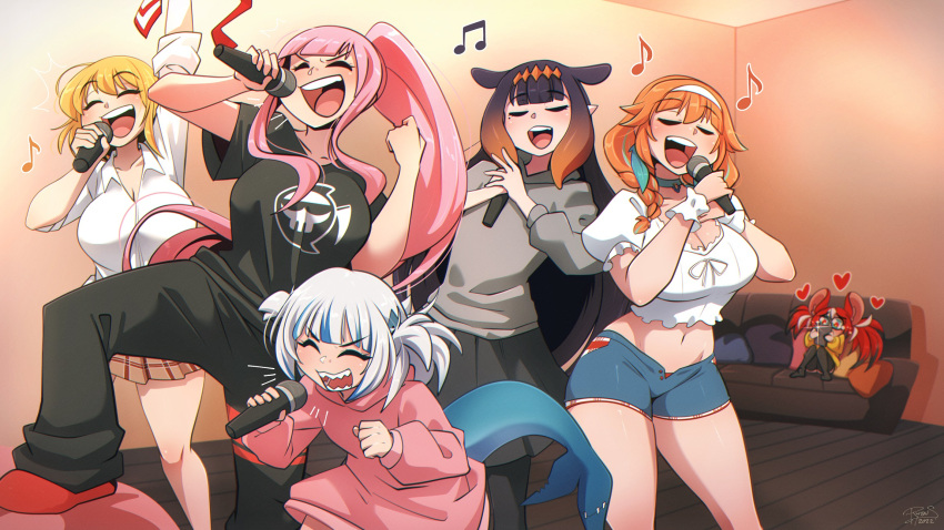 animal_ears, bangs, black_hair, blonde_hair, blue_hair, blunt_bangs, blush, couch