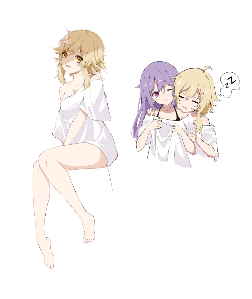 2girls, absurdres, bangs, bare_legs, bare_shoulders, barefoot, blonde_hair, breasts