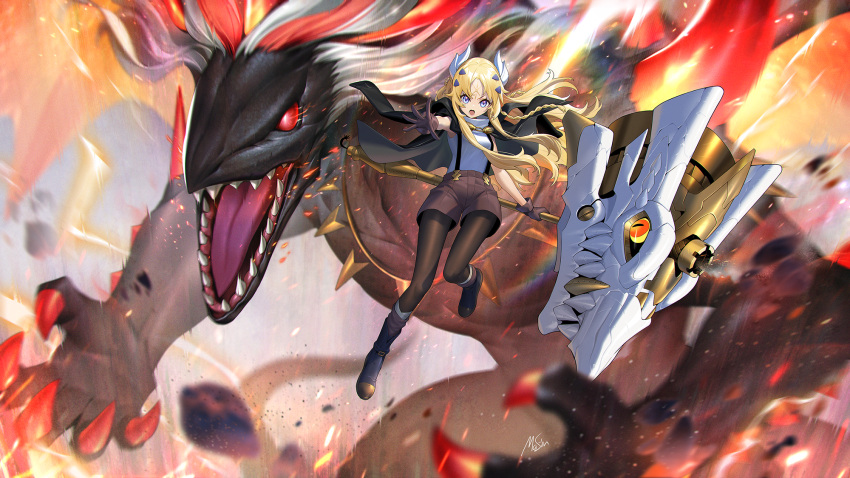 1girl, albion_the_shrouded_dragon, blonde_hair, blue_eyes, boots, brown_gloves, claws, dragon, dragon_horns, dragon_tail, dragon_wings, duel_monster, gloves, hair_ornament, hammer, headgear, highres, holding, holding_hammer, holding_weapon, horns, huge_weapon, incredible_ecclesia_the_virtuous, jacket, jacket_on_shoulders, long_hair, masin0201, monster, multicolored_hair, outstretched_arm, pantyhose, red_eyes, redhead, sharp_teeth, shorts, signature, suspender_shorts, suspenders, tail, teeth, war_hammer, weapon, western_dragon, white_hair, wings, yu-gi-oh!