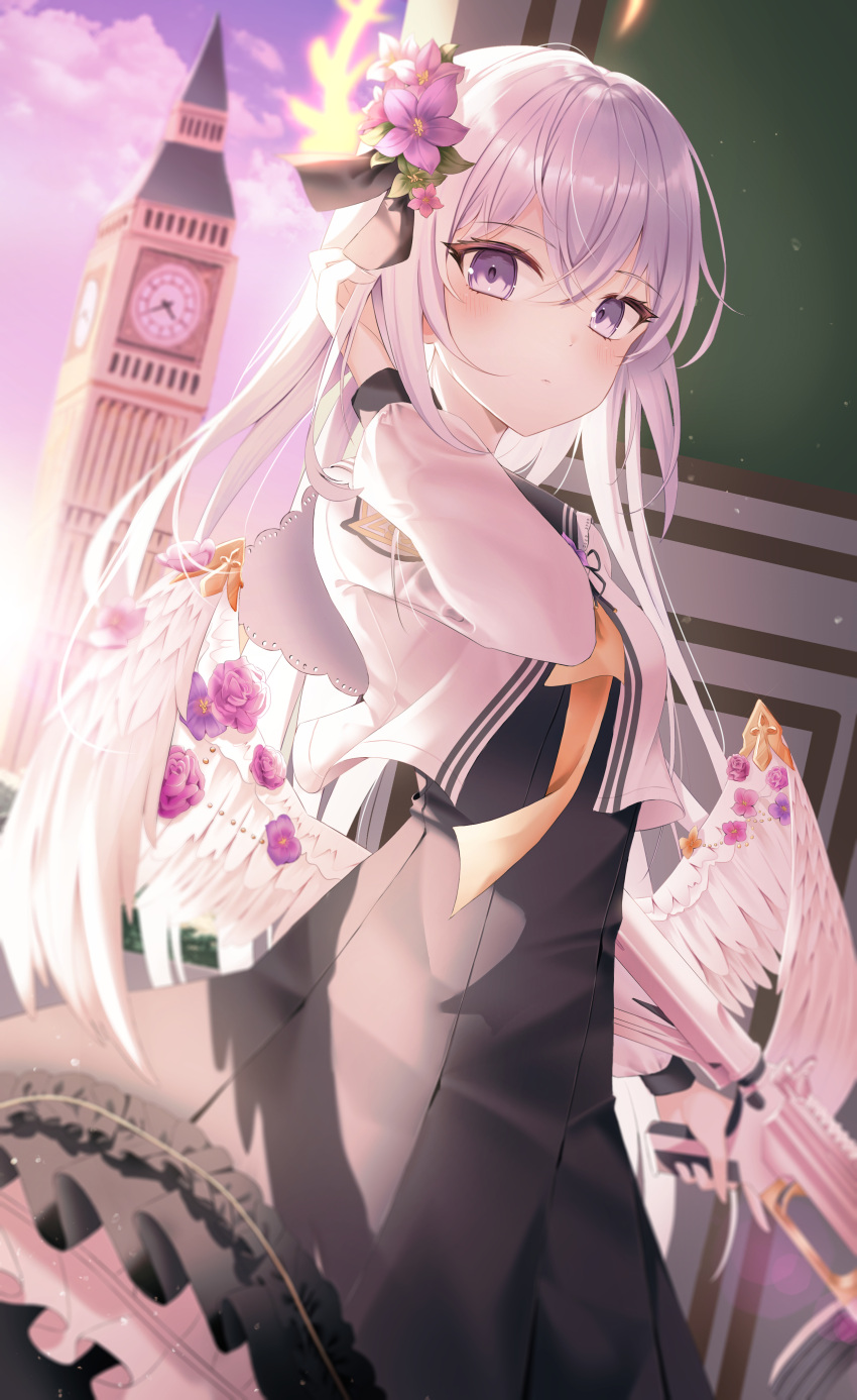 1girl, absurdres, angel_wings, azusa_(blue_archive), bangs, black_dress, blue_archive, blush