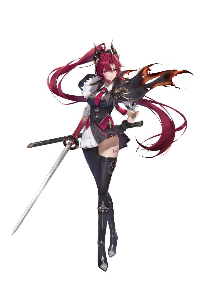1girl, absurdres, bangs, black_legwear, boots, breasts, cloak, dragon_girl