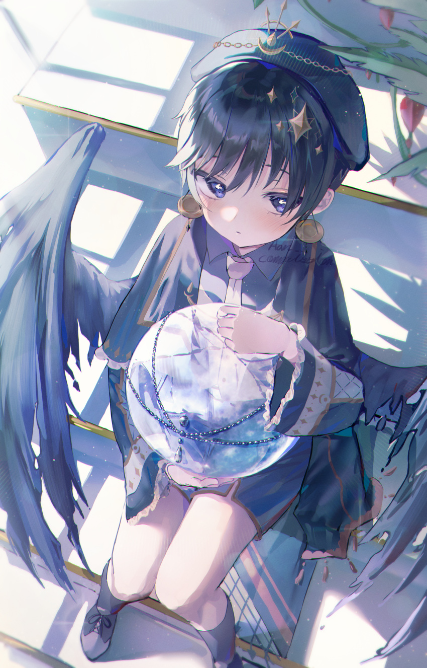 1boy, absurdres, black_hair, blue_eyes, celestial_sphere, child, earrings, hair_ornament