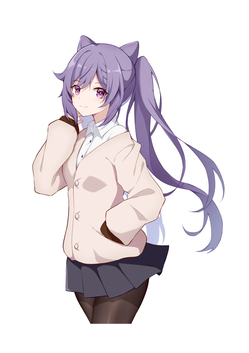 1girl, absurdres, arm_up, bangs, black_legwear, breasts, eyebrows_behind_hair, genshin_impact