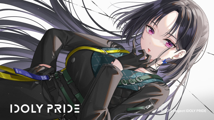 1girl, bangs, black_hair, earrings, guest_art, highres, idol, idoly_pride