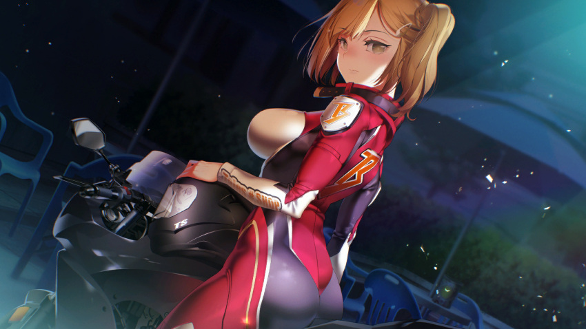 1girl, bang-yena_(some_some_convenience_store), bangs, blonde_hair, blush, bodysuit, breasts, bush
