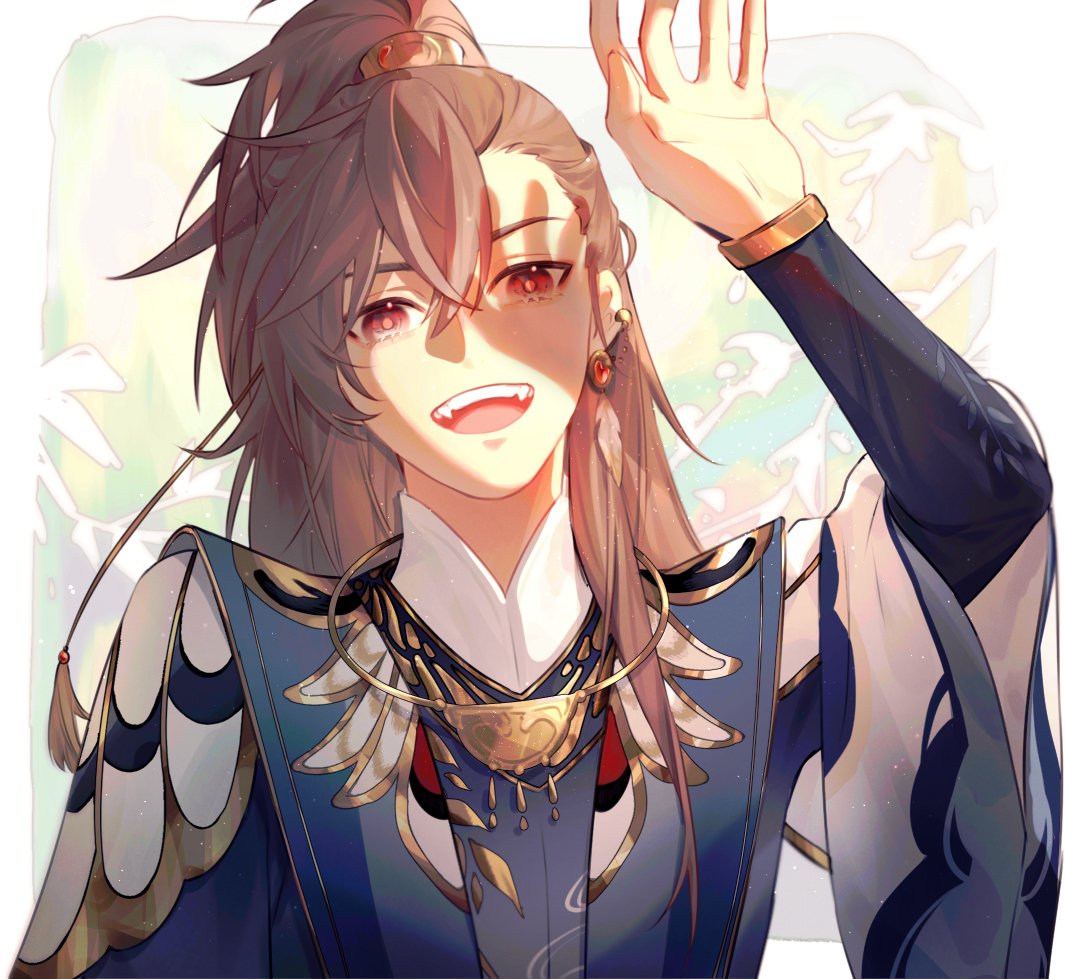 1boy, arm_up, bangs, blue_sleeves, brown_hair, character_request, copyright_request, crossed_bangs