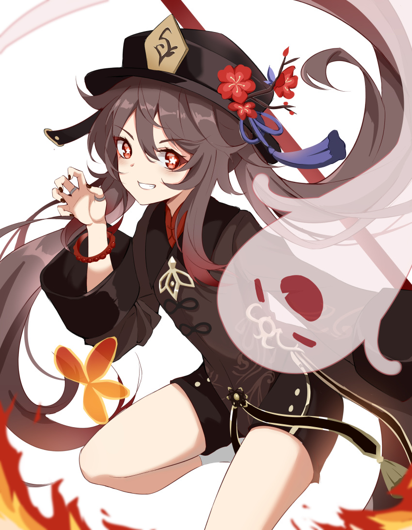 1girl, absurdres, arm_up, brown_hair, chinese_clothes, fire, genshin_impact, ghost