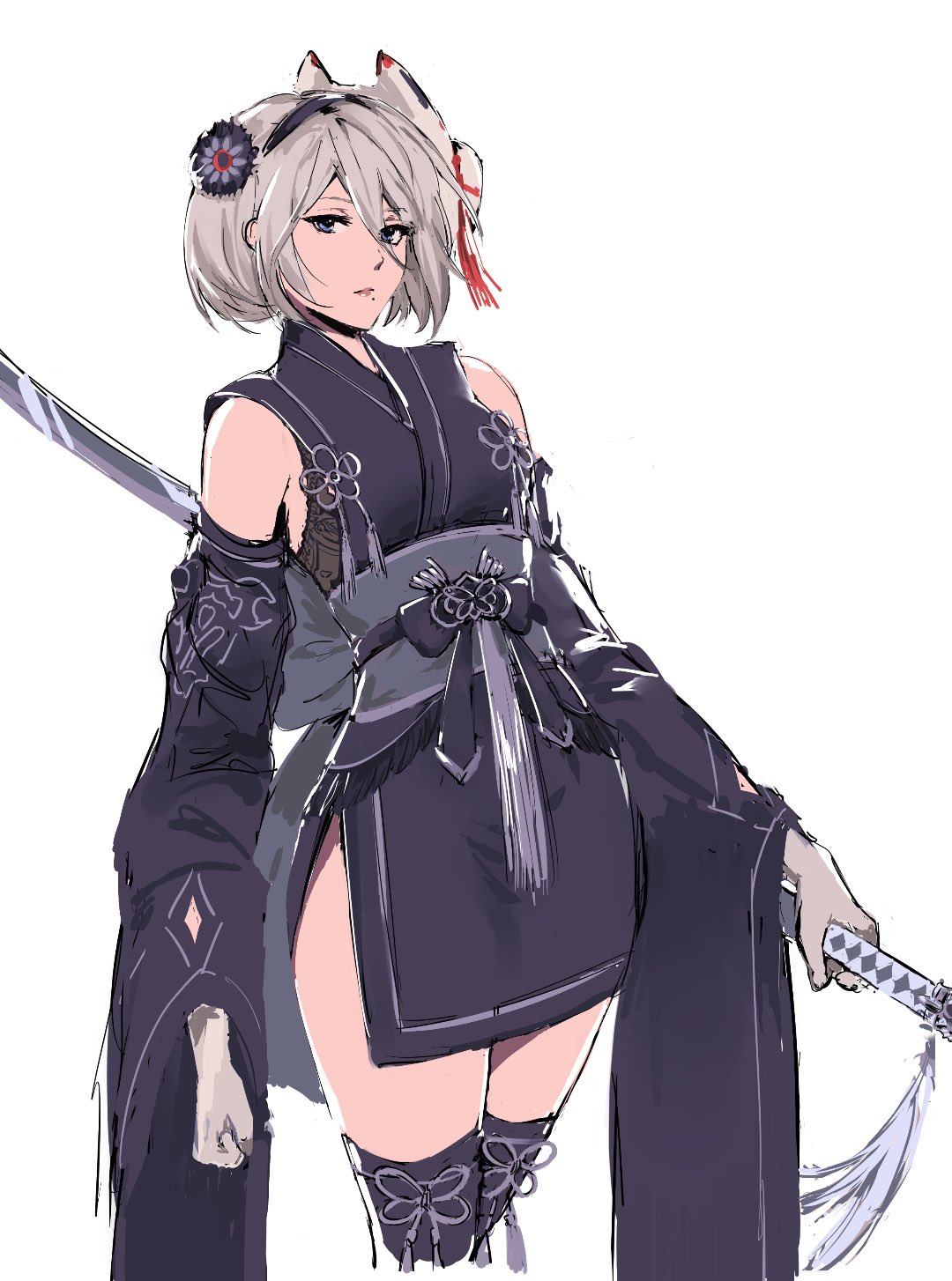 1girl, back_bow, black_legwear, bow, cropped_legs, detached_sleeves, flower, gloves