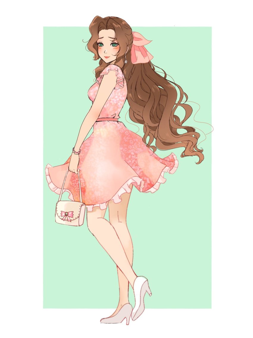 1girl, aerith_gainsborough, bag, bangs, blush, border, bow, bracelet, breasts, brown_hair, dress, earrings, final_fantasy, final_fantasy_vii, final_fantasy_vii_remake, frilled_sleeves, frills, full_body, green_background, green_eyes, hair_bow, handbag, highres, holding, holding_bag, jewelry, long_hair, medium_breasts, official_alternate_costume, parted_bangs, pink_dress, ponytail, short_sleeves, sidelocks, softp3ach, solo, sundress, wavy_hair, white_footwear