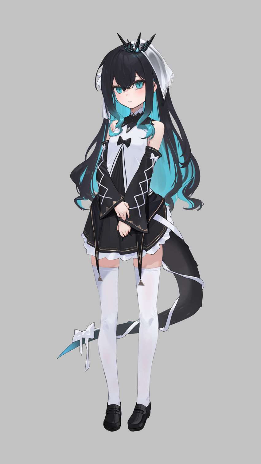 1girl, black_dress, black_footwear, black_hair, blue_eyes, blue_hair, blush, closed_mouth, colored_inner_hair, crown, detached_sleeves, dress, full_body, grey_background, haiz_(vtuber), highres, long_sleeves, looking_at_viewer, monstar_(company), multicolored_hair, shoes, short_dress, simple_background, skindentation, slit_pupils, solo, tail, thigh-highs, two-tone_hair, veil, white_legwear, whitem_(whiteemperor2020), zettai_ryouiki