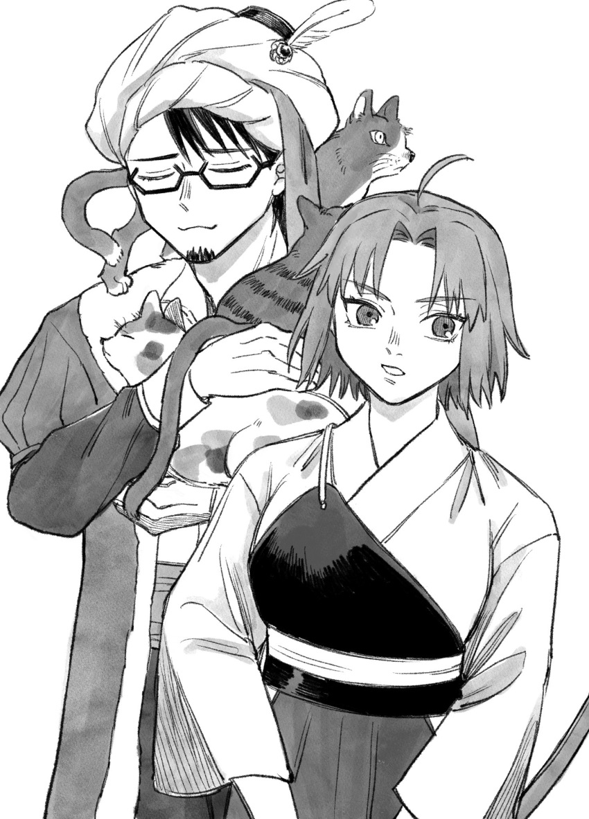 1boy, 1girl, :3, ahoge, animal, animal_on_shoulder, bangs, calico