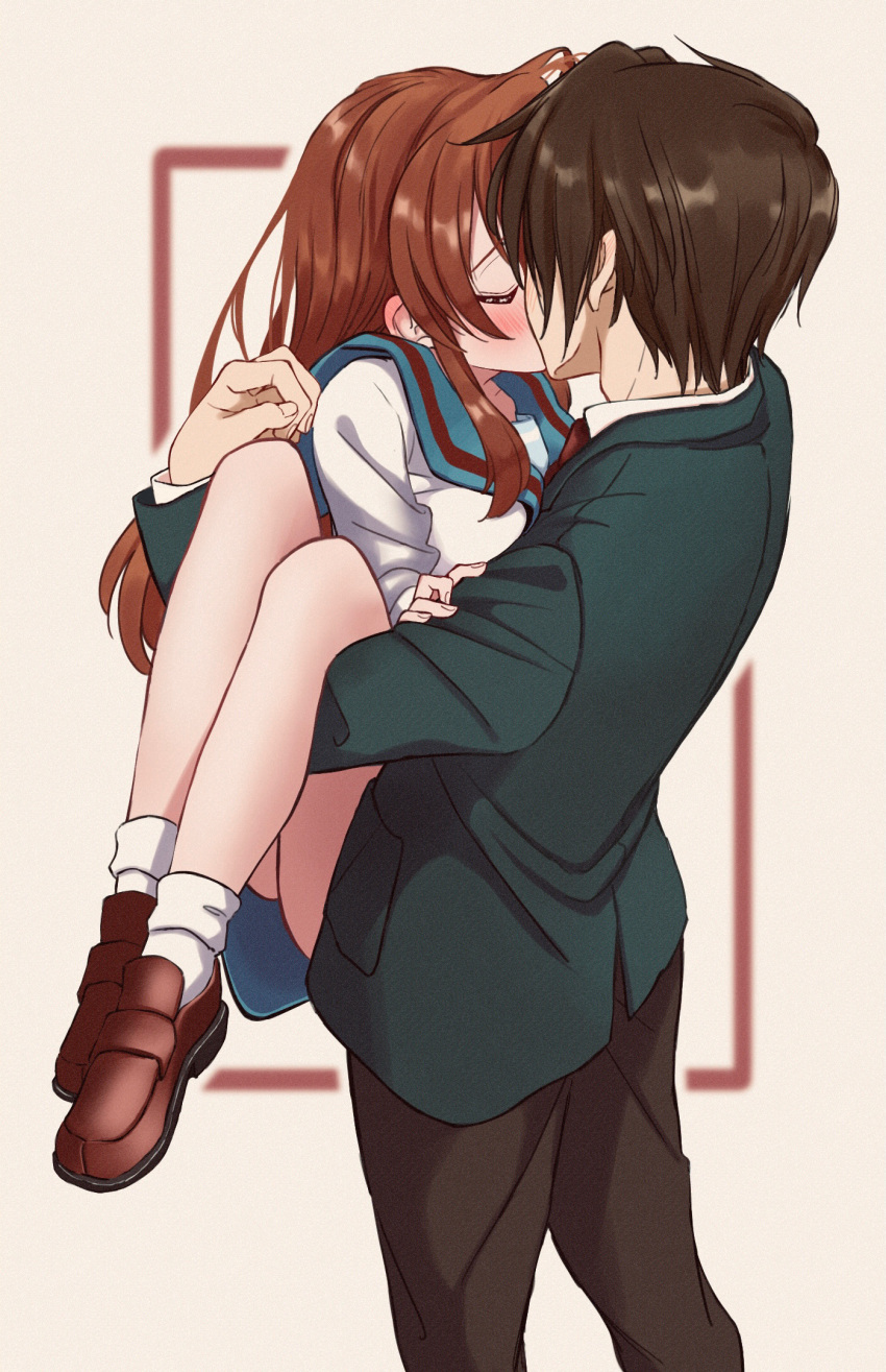 1boy, 1girl, 621_joker_123, asahina_mikuru, black_pants, blazer, blue_sailor_collar, blue_skirt