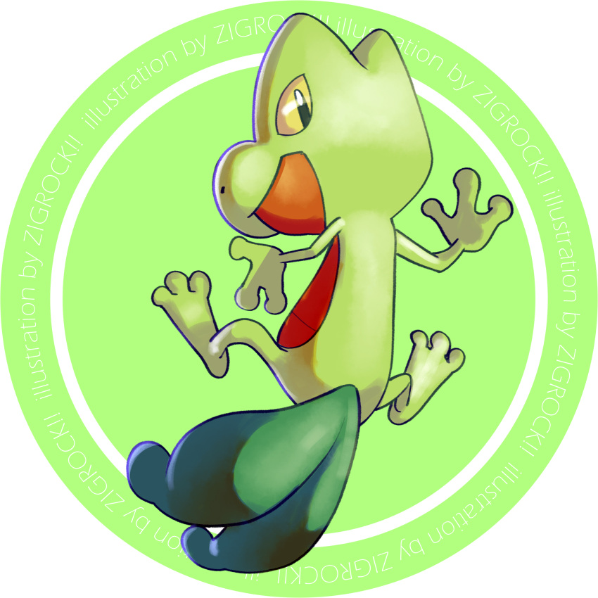 artist_name, colored_sclera, full_body, highres, looking_back, no_humans, pokemon, pokemon_(creature), pokemon_(game), pokemon_rse, treecko, yellow_sclera, zigrock