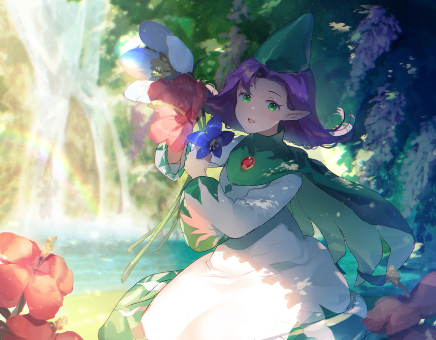 1girl, asymmetrical_bangs, bangs, blue_flower, cape, chrono_cross, dress, fairy, flower, gem, green_cape, green_eyes, hibiscus, holding, holding_flower, kneeling, long_dress, long_sleeves, looking_at_viewer, open_mouth, outdoors, pointy_ears, pointy_hat, purple_hair, razzly_(chrono_cross), red_flower, short_hair, smile, solo, sunakumo, water, waterfall, white_flower, wide_sleeves