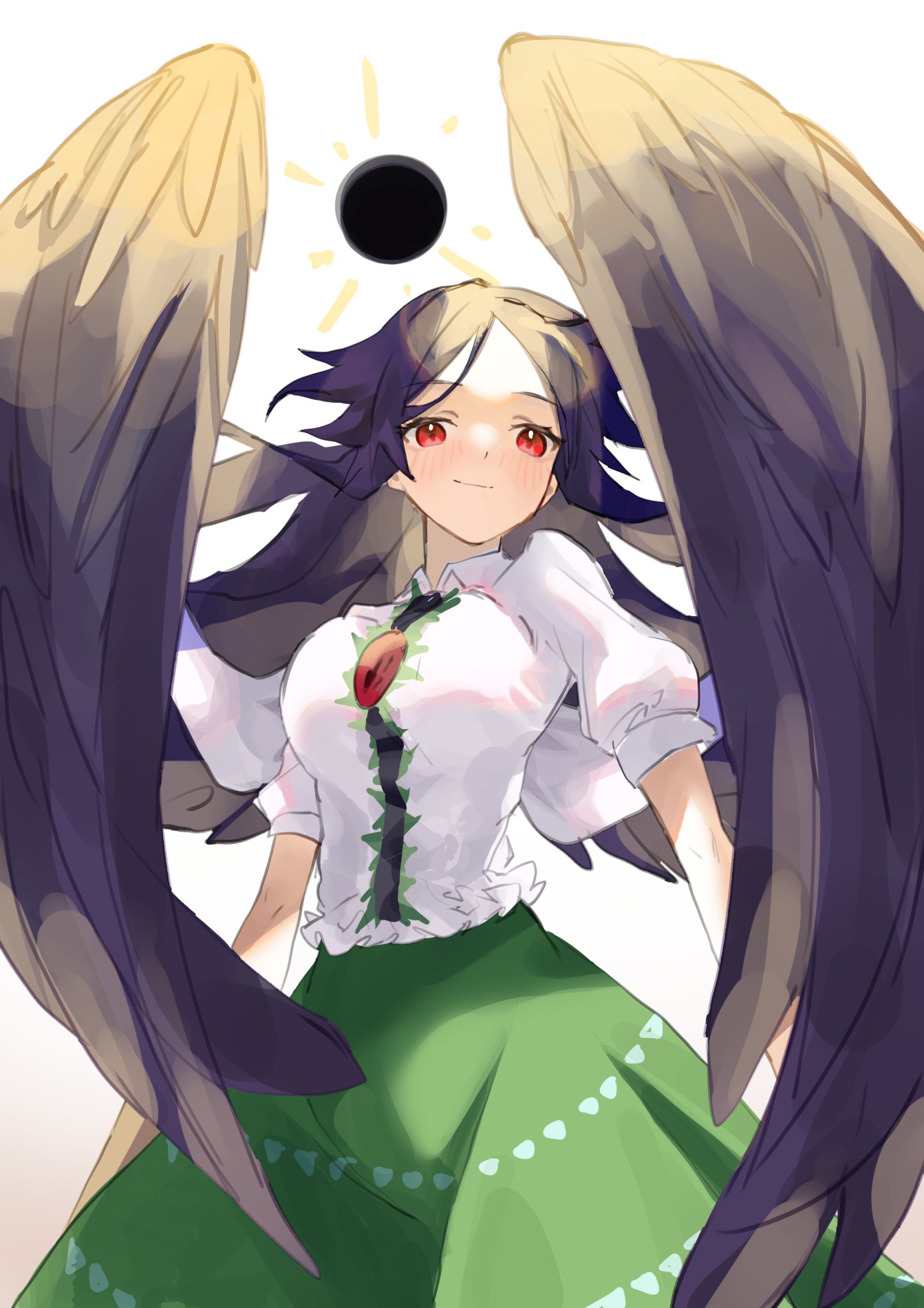 1girl, amano_kokoko, bangs, bird_wings, black_hair, black_hole, black_wings, blush