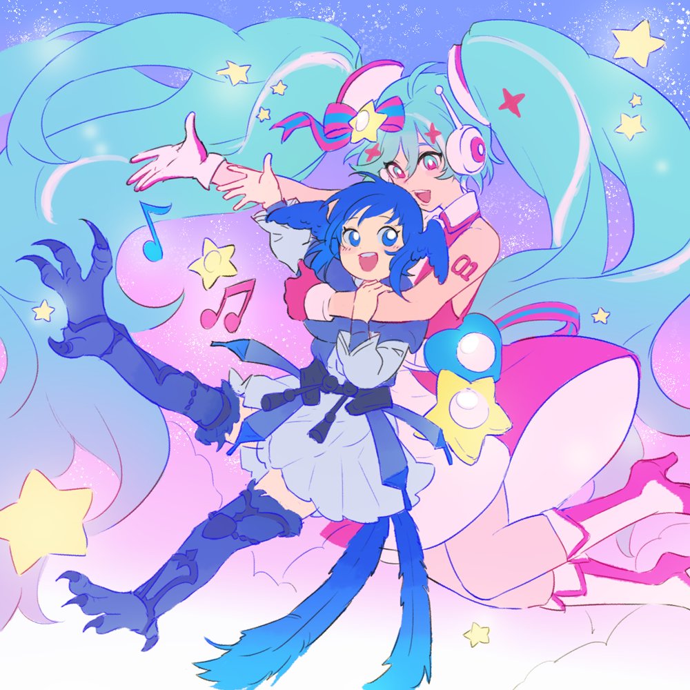 2girls, :d, ahoge, aqua_eyes, arm_around_neck, arm_tattoo, bangs, bird_girl