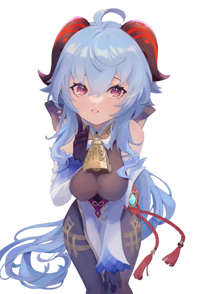 1girl, absurdres, ahoge, bangs, bare_shoulders, bell, black_legwear, blue_gloves