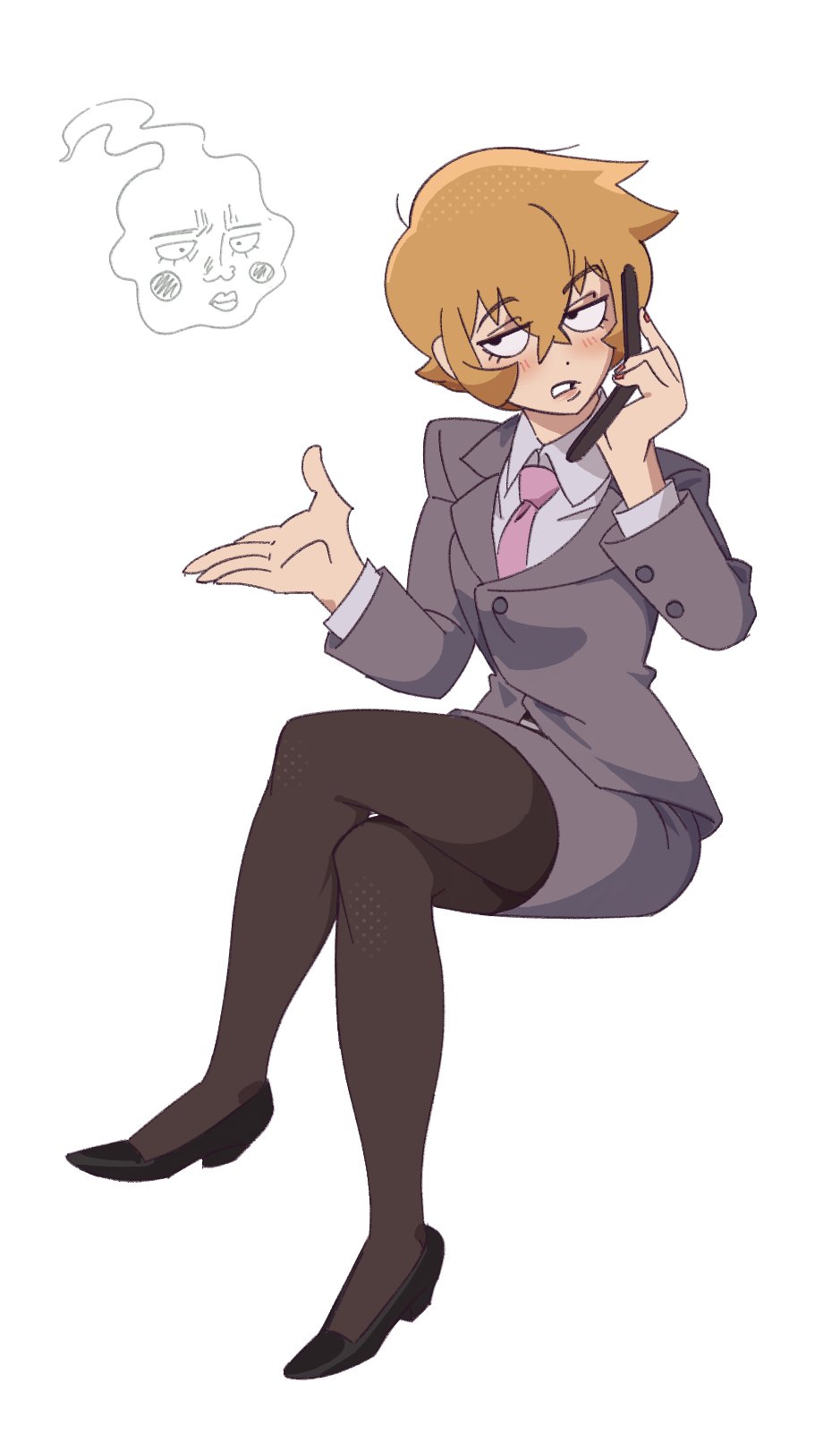 1girl, black_footwear, blonde_hair, blush, ch0og0o, collared_shirt, crossed_legs, ekubo_(mob_psycho_100)