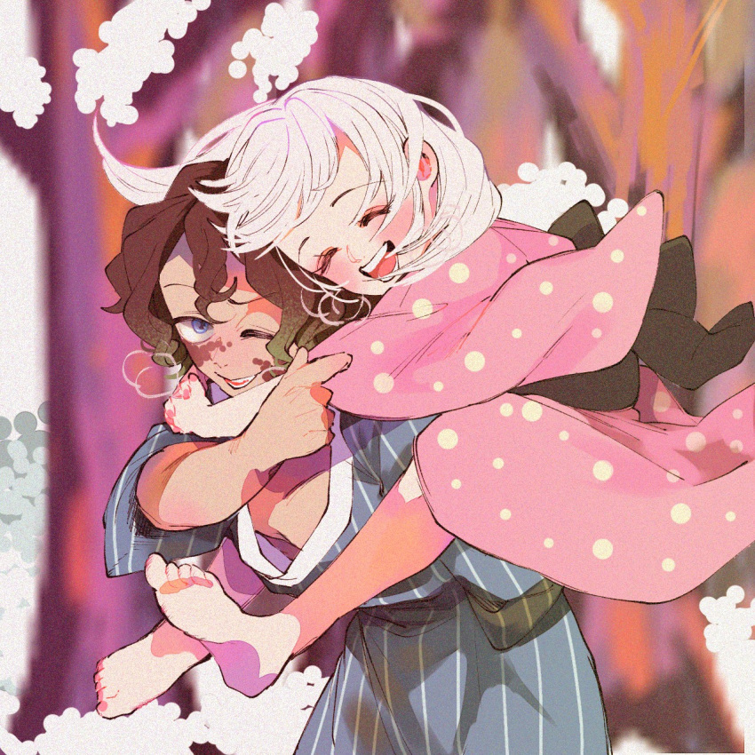 1boy, 1girl, ^_^, arm_around_shoulder, bangs, barefoot, birthmark, black_hair