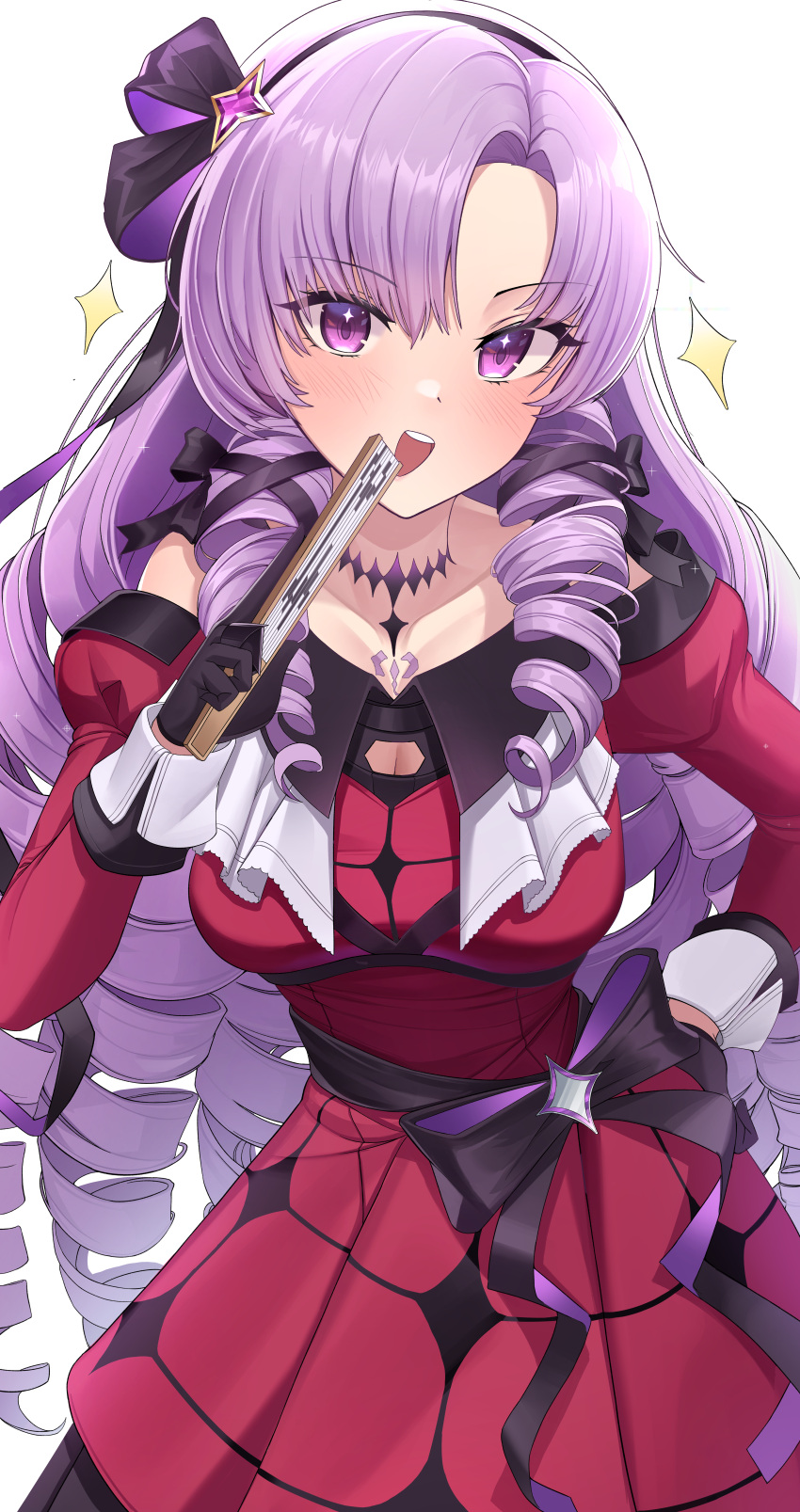 1girl, absurdres, bangs, black_gloves, black_hairband, claw_ring, dress, drill_hair