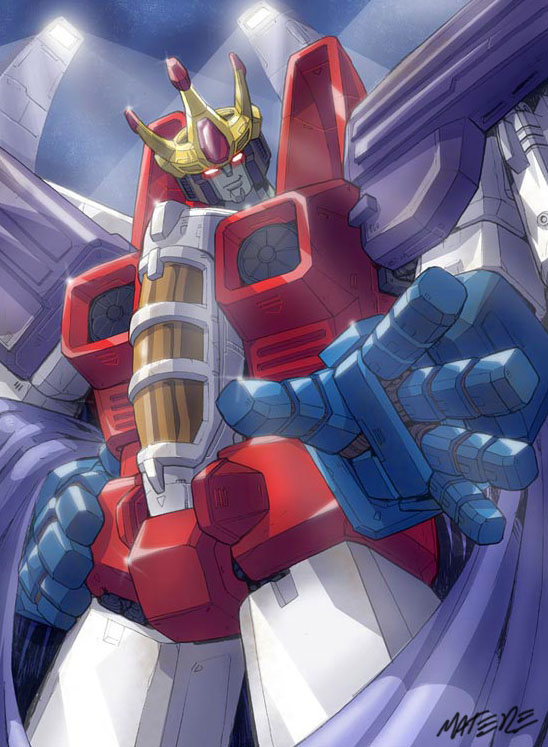 artist_name, cape, crown, decepticon, english_commentary, glowing, glowing_eyes, hand_on_hip, head_tilt, marcelo_matere, mecha, official_art, open_hand, purple_cape, red_eyes, robot, science_fiction, smile, solo, starscream, transformers