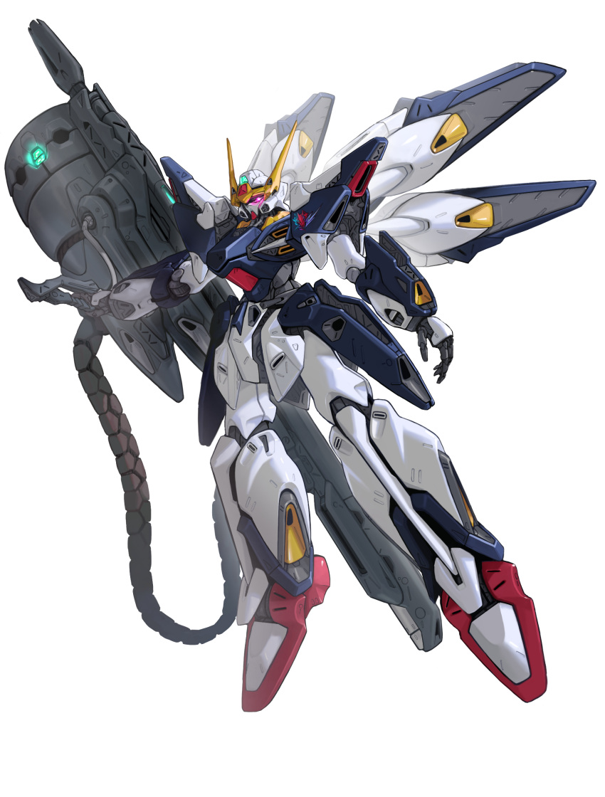 absurdres, cable, flying, gun, gundam, highres, holding, holding_gun