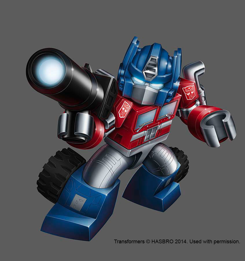 autobot, blue_eyes, english_commentary, glowing, glowing_eyes, grey_background, gun, holding, holding_gun, holding_weapon, kre-o, kreon, marcelo_matere, mecha, no_humans, official_art, optimus_prime, robot, solo, transformers, weapon