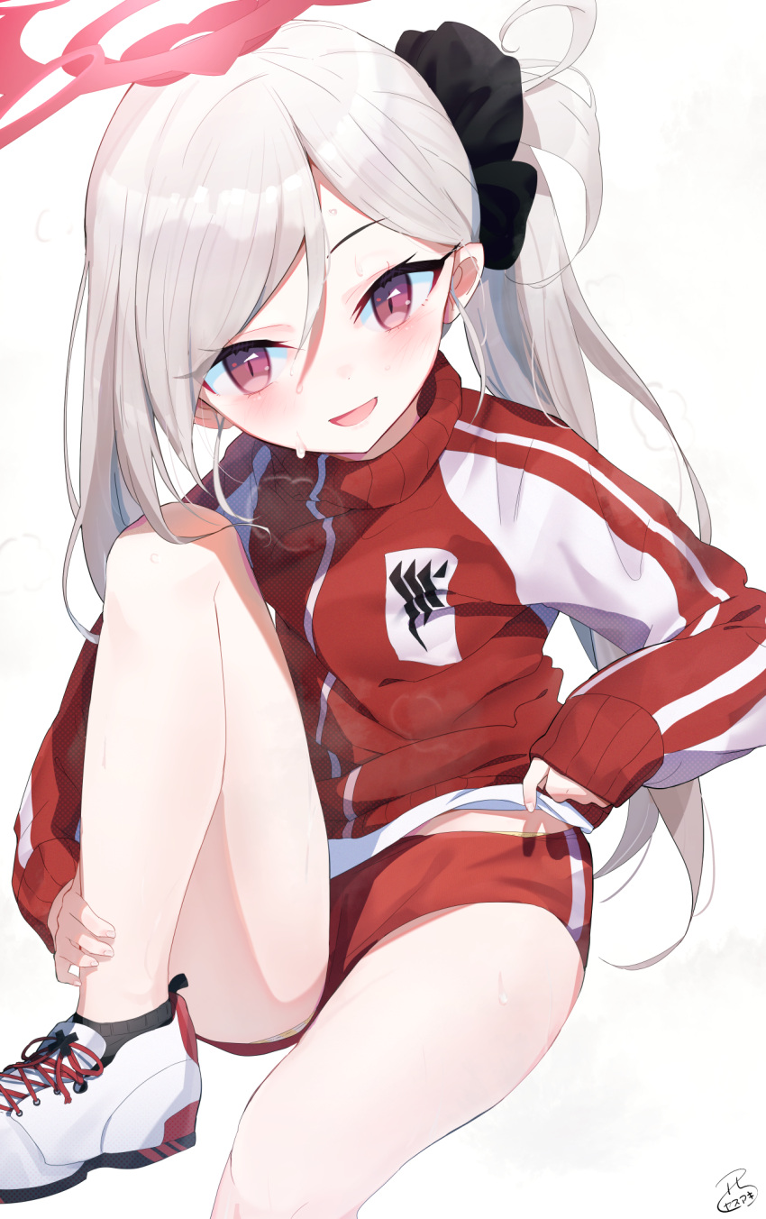 1girl, blue_archive, blush, gehenna, gym_uniform, halo, hand_on_hip, looking_at_viewer